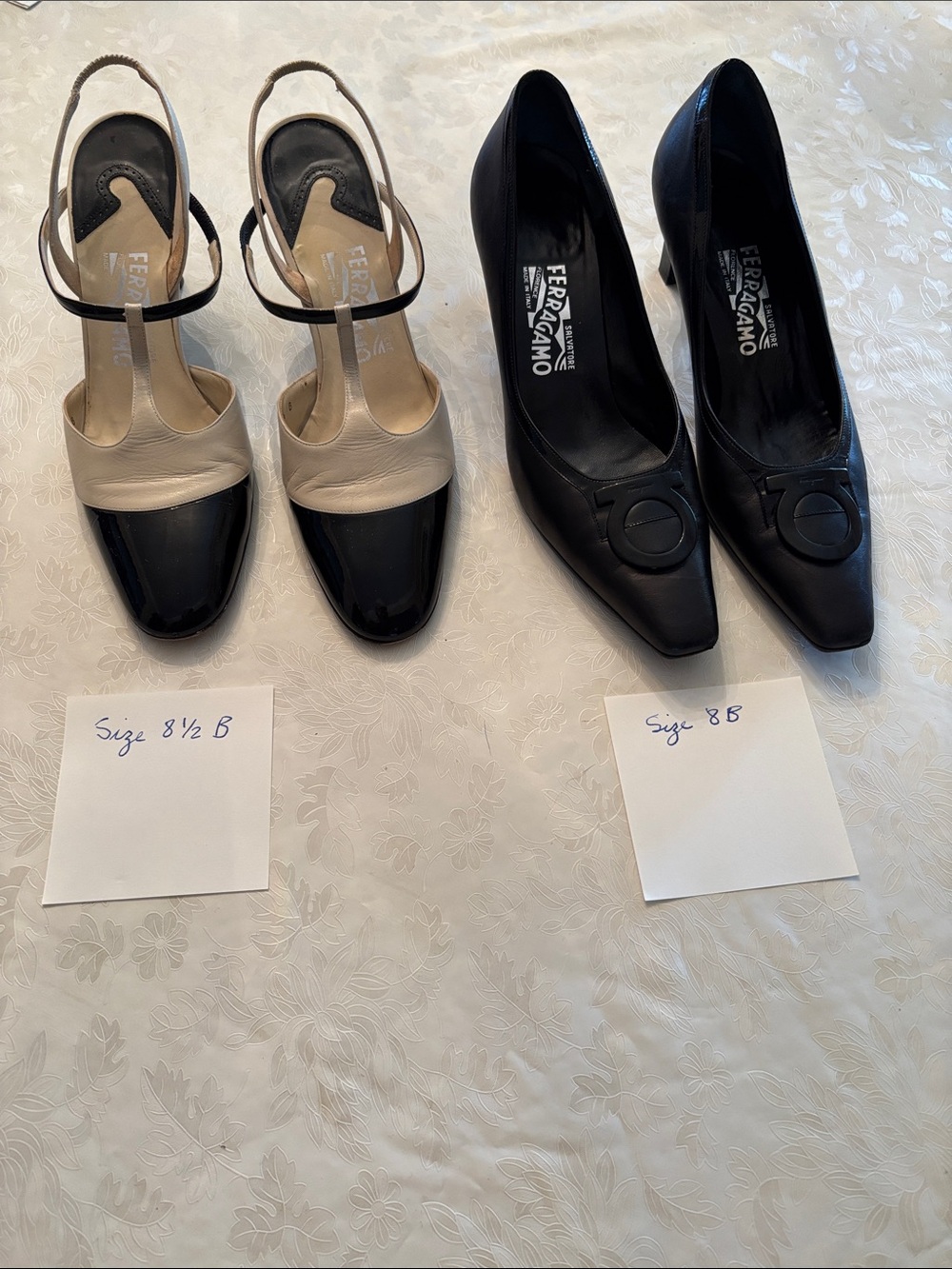 Ferragamo 2 pairs: slingback black/beige size 8 1/2 B….black pumps size 8 B